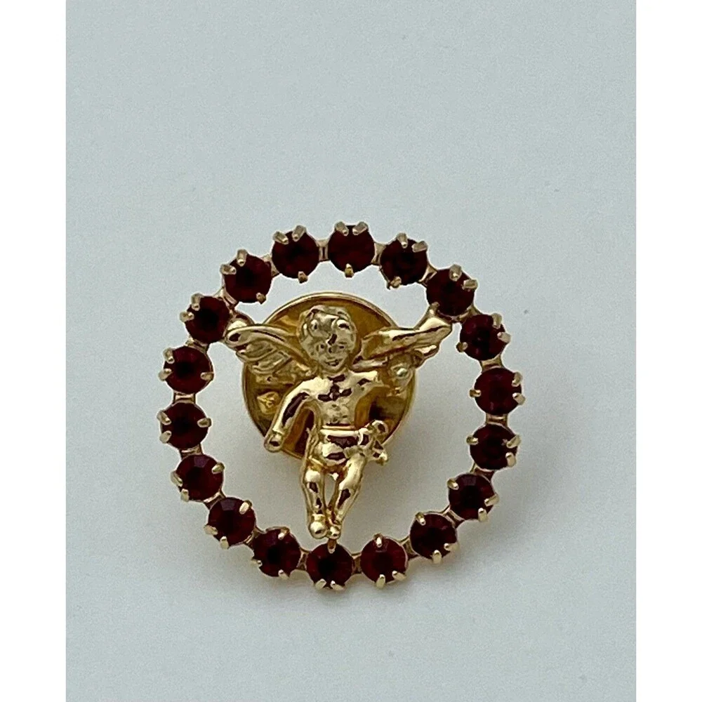 VTG Ballou Reg’d Guardian Angel/Cherub Gold Tone & Red Rhinestone Lapel Tack Pin